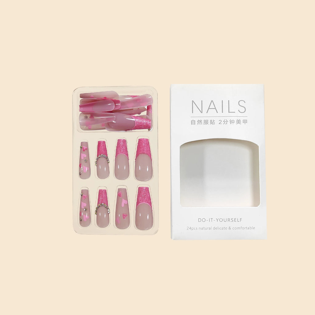 24Pcs/Set Long Ballet French Heart Glitter Press on Nails