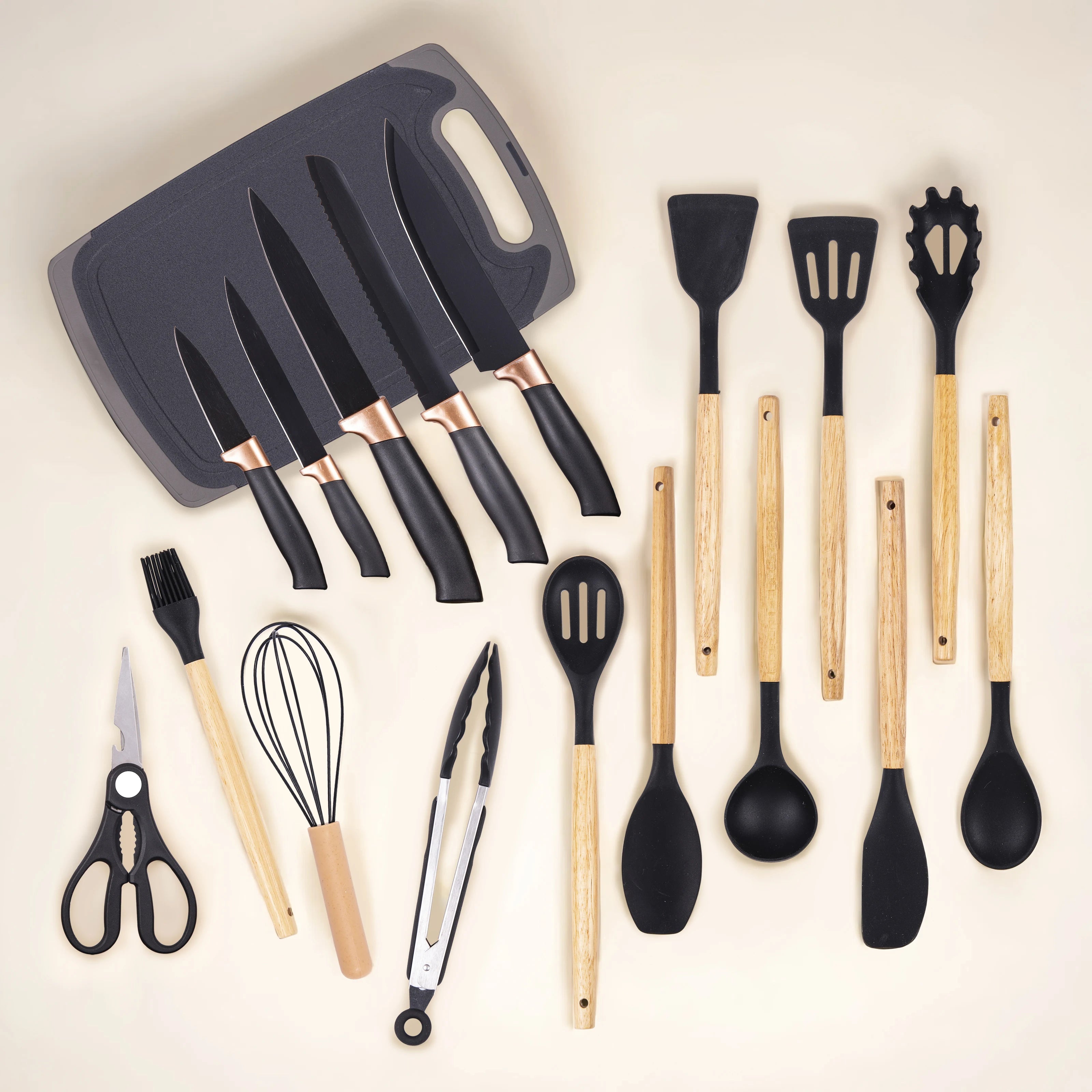 19Pc Professional Kitchen Knife Set with Silicone Cooking Utensils & Cutting Board