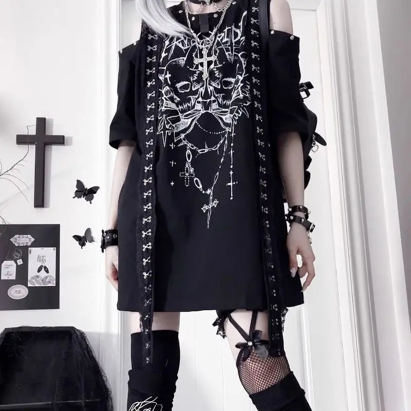 Gothic Short Sleeved Off Shoulder T-shirt