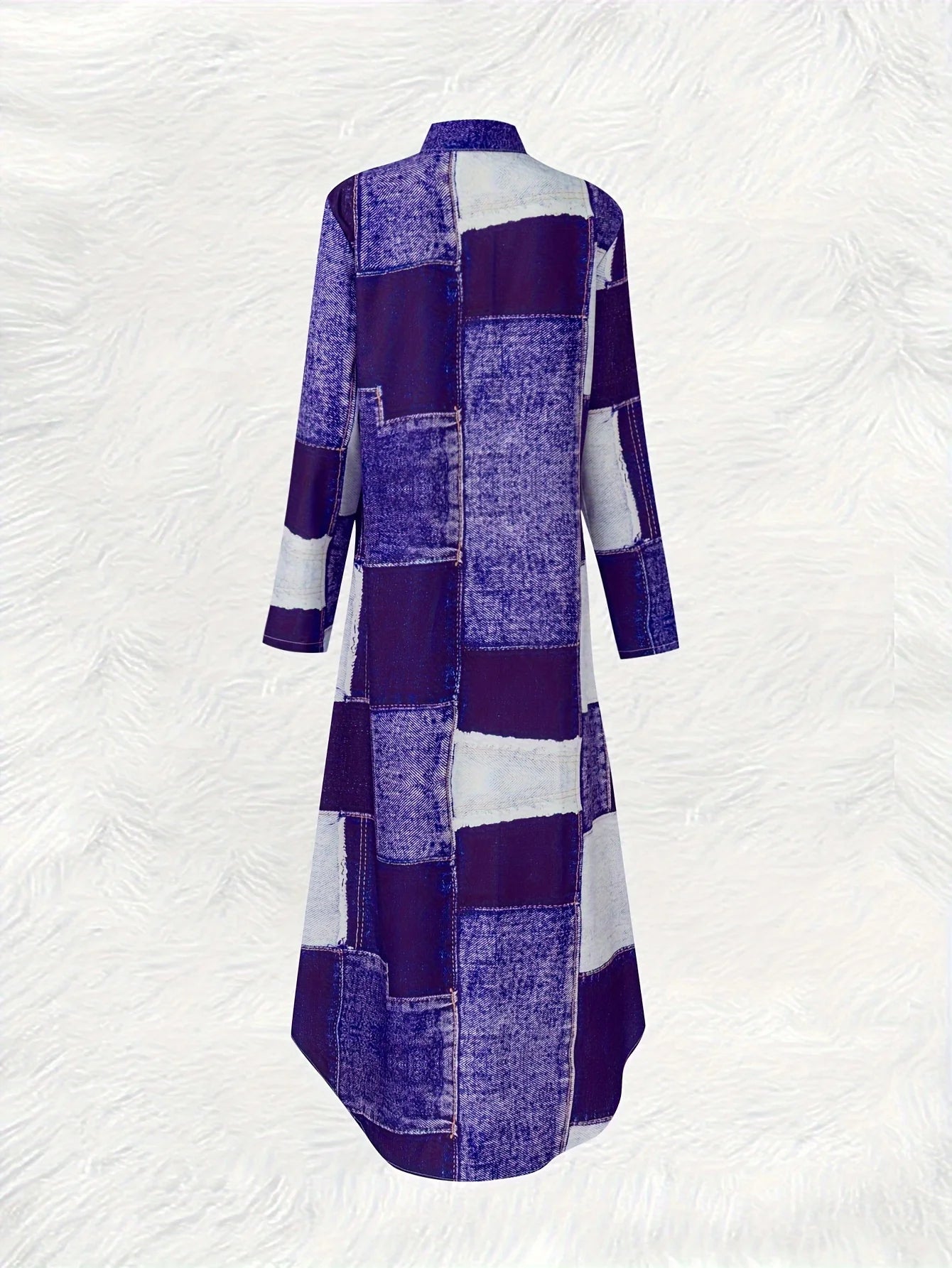Purple Denim Print Long Sleeve Dress