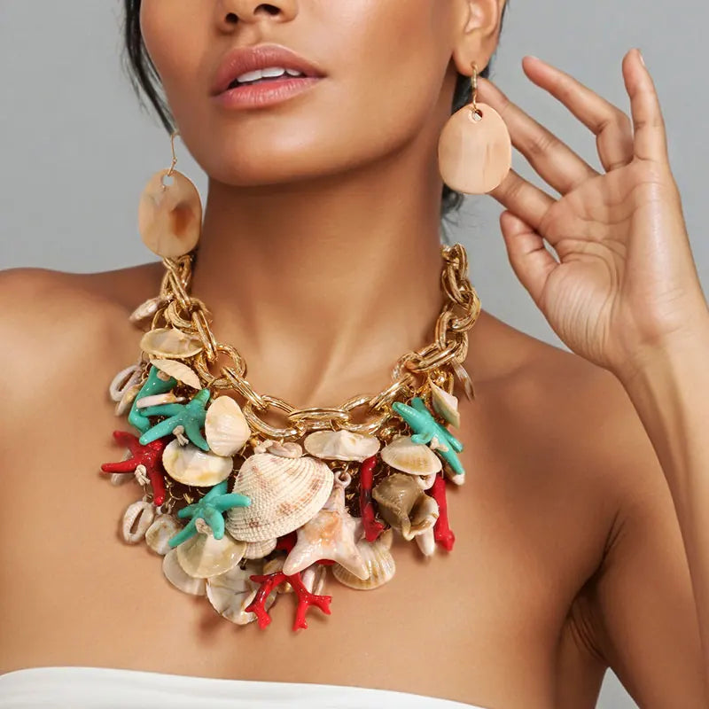 Statement Boho Beads Necklace Starfish&Shells Design