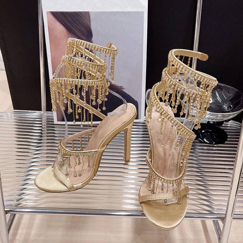 Crystal Tassel Twining Stiletto Sandals