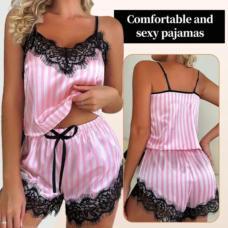 2 Piece Women's V-Neck Lace Pajama Shorts Set