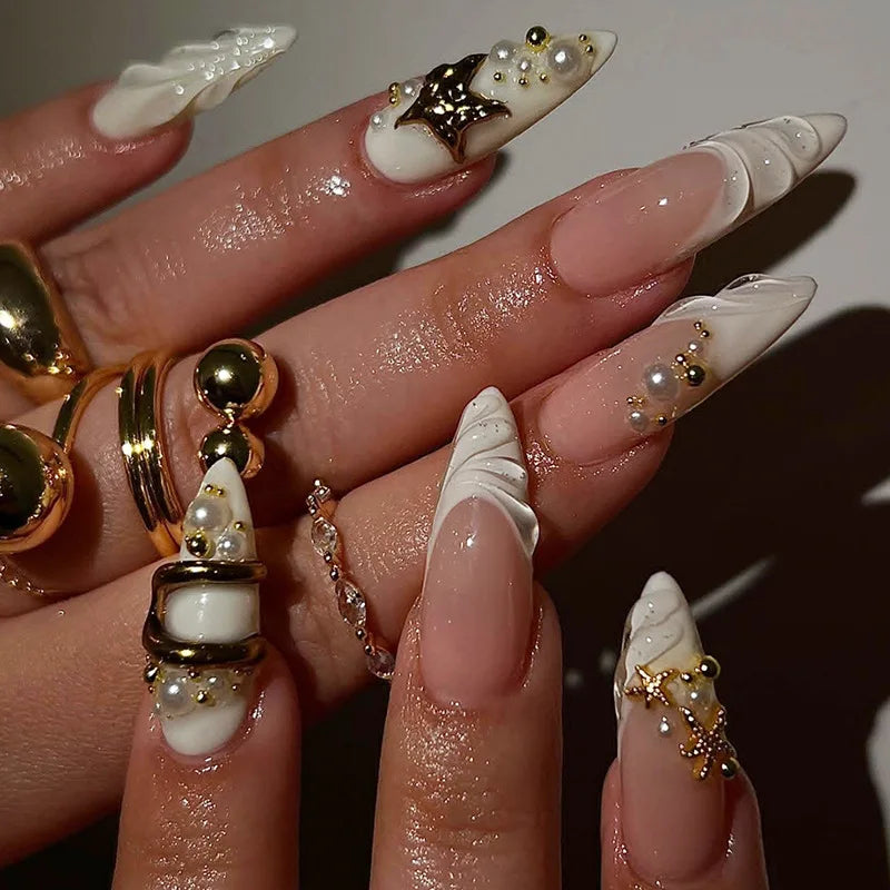 24Pcs Mid-length Gilded Almond Nails Set Press on Nails