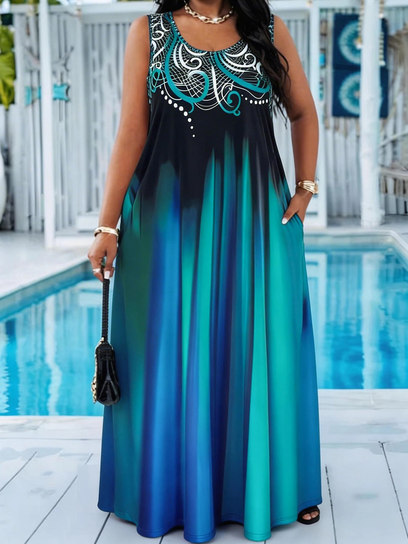 Plus Size Teal Blue Gradient Print Maxi Dress