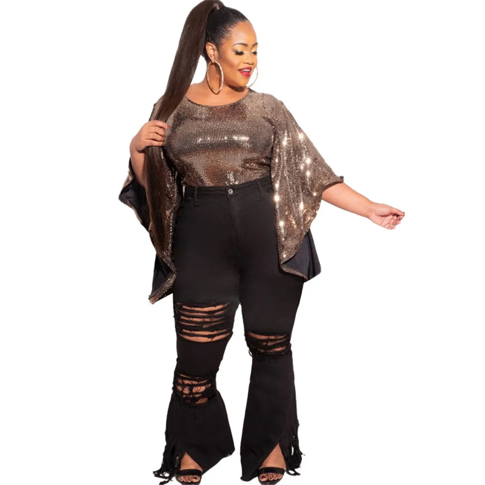 Bodycon Stretch Solid Pockets High Waist  Denim Flared Pants