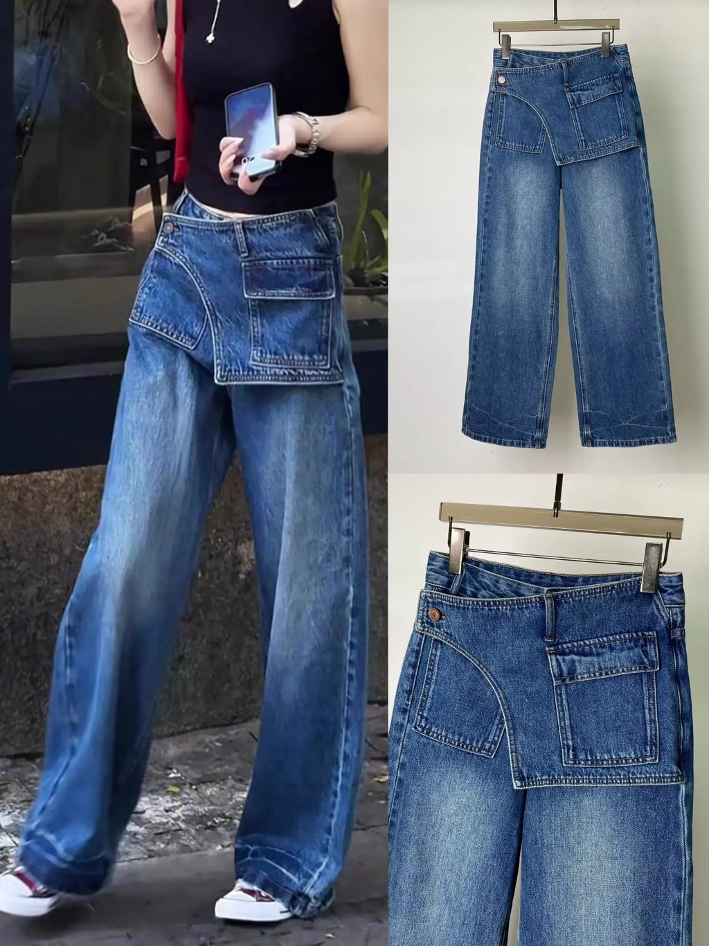 Women's Vintage Washed High Waist Irregular Loose Wide Leg  Denim Pants