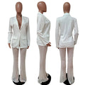 Sexy Two Piece Single Button Blazer Coat Pearl Mesh Sheer Pant Suit