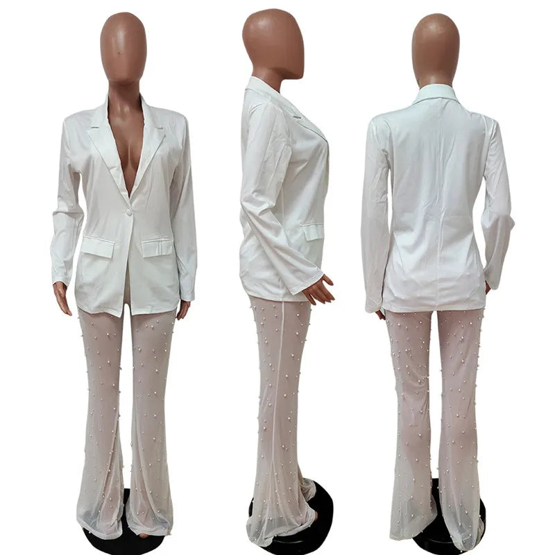 Sexy Two Piece Single Button Blazer Coat Pearl Mesh Sheer Pant Suit