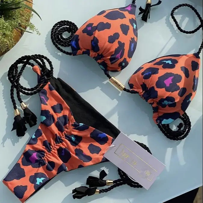 Ladies Sexy Printed Rope Bikini Split Swimsuit