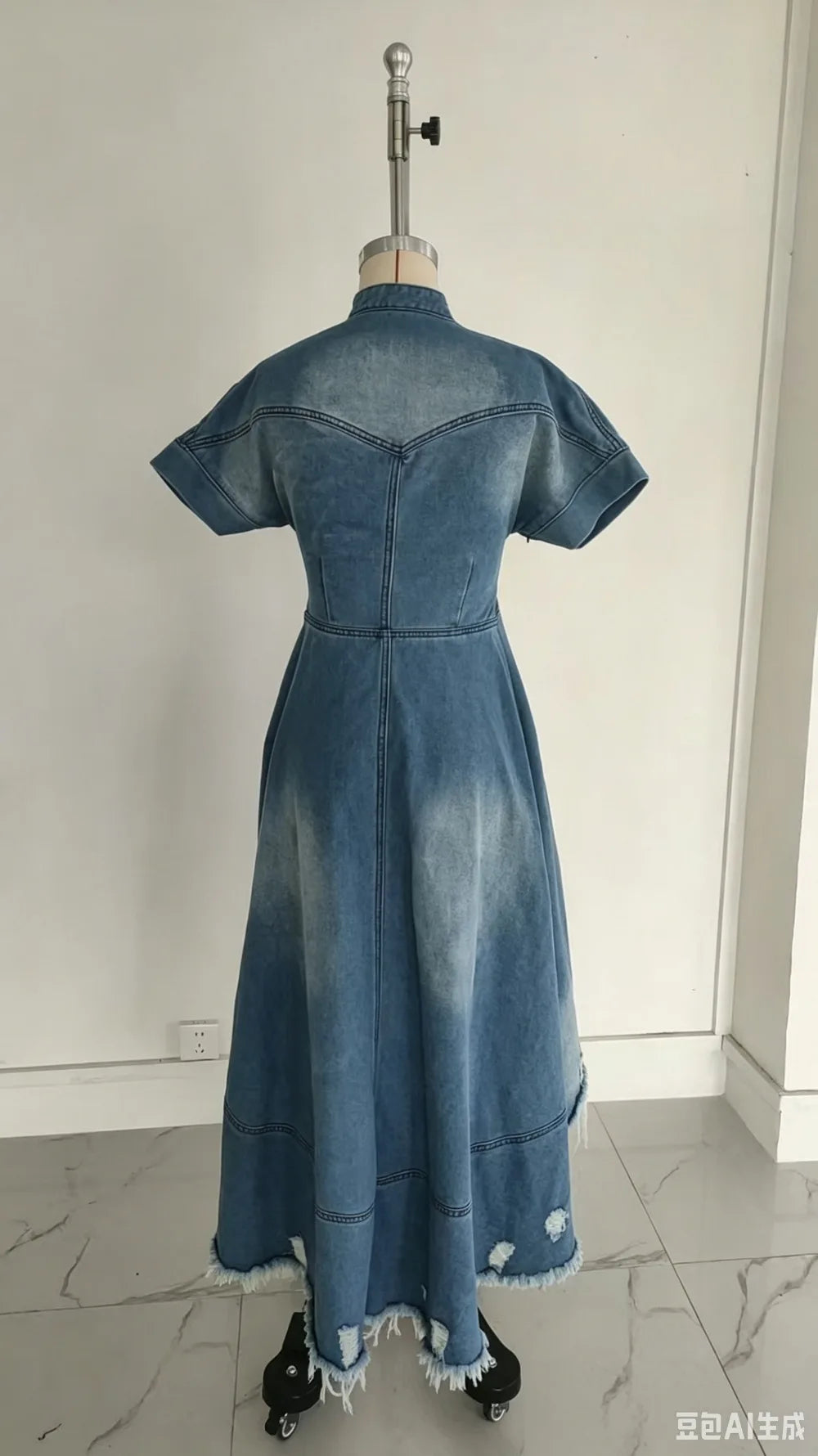 Plus Size Distressed Denim Maxi Dress V-Neck Short Sleeve High Low Hem Ripped Jean Dress