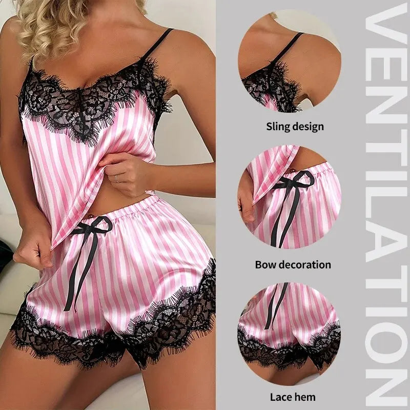 2 Piece Women's V-Neck Lace Pajama Shorts Set