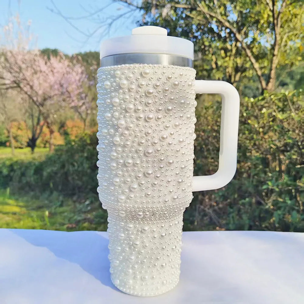 Pearls Bling 40oz Tumbler with Handle and Straw Stainless Steel