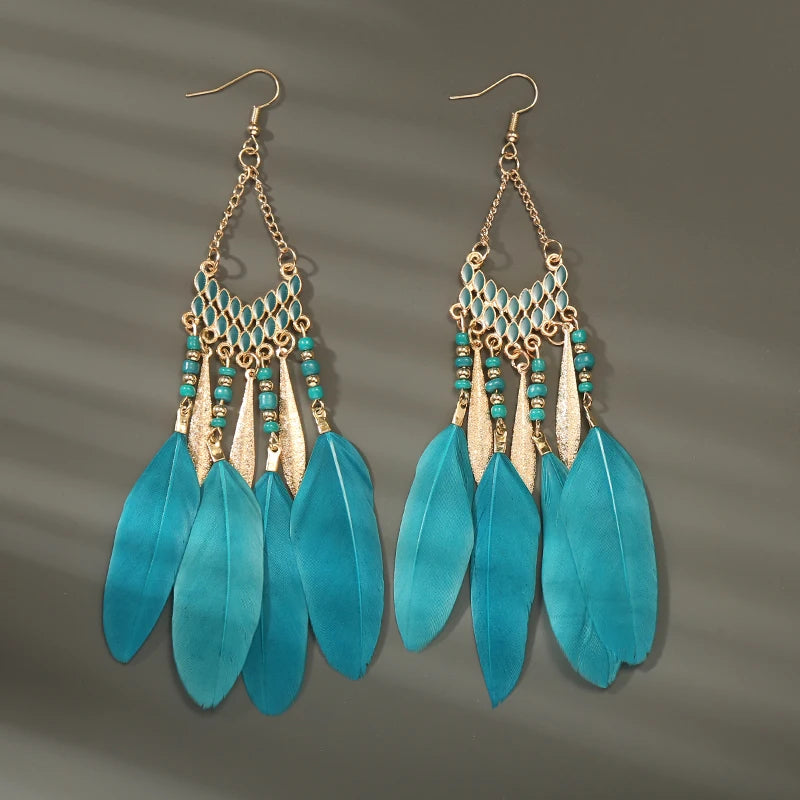 Boho Long Feather Dangle Earrings