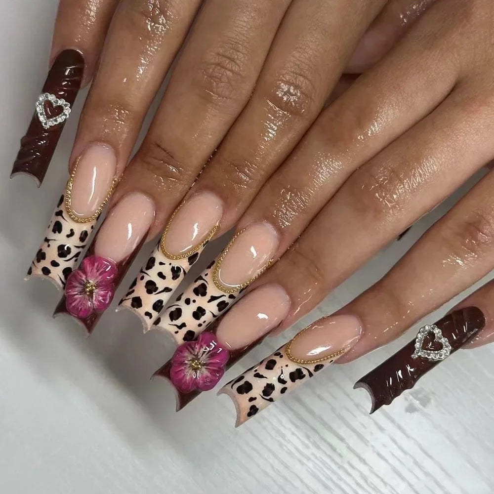 24Pcs Long Coffin French Press on Acrylic Nails