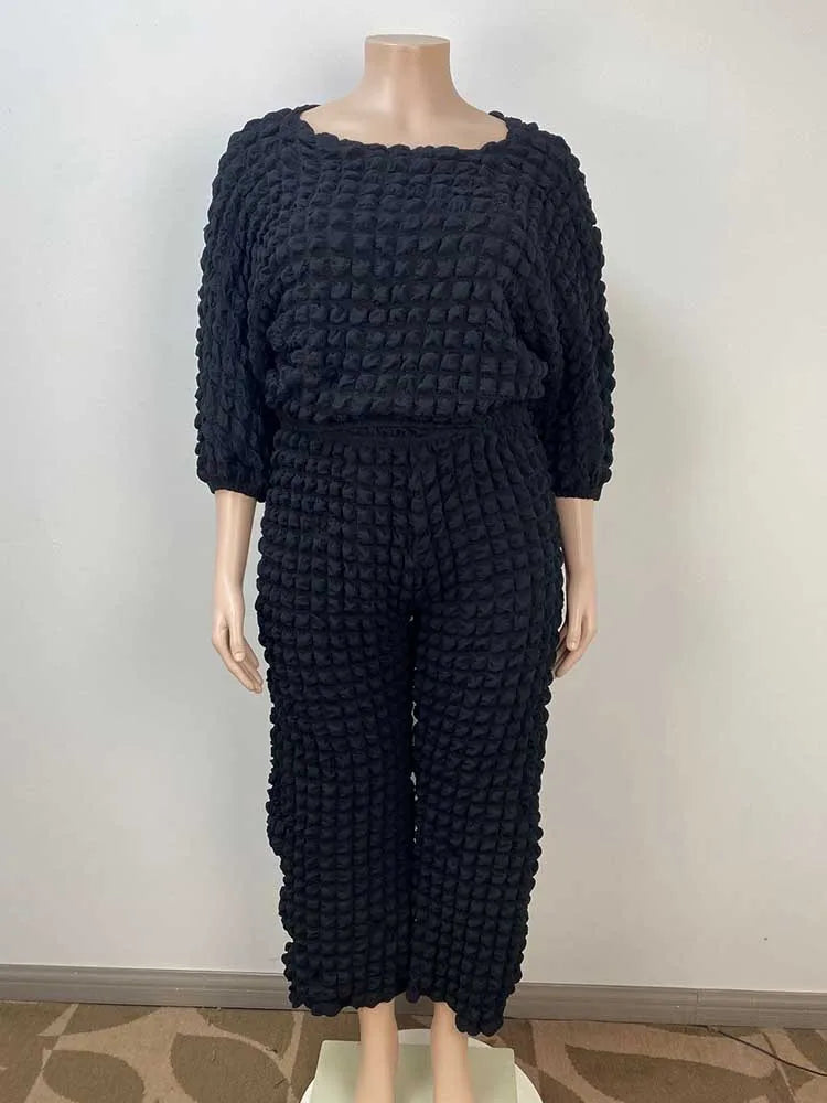 Long Sleeve 2 Piece Bubble Waffle Pleated Top and Pants Set