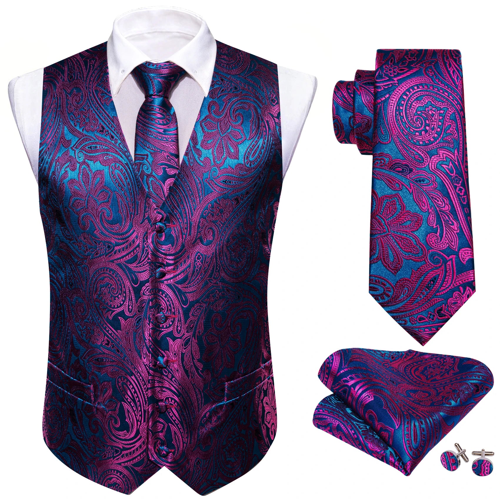Men Vest Tie Hanky Cufflinks Set