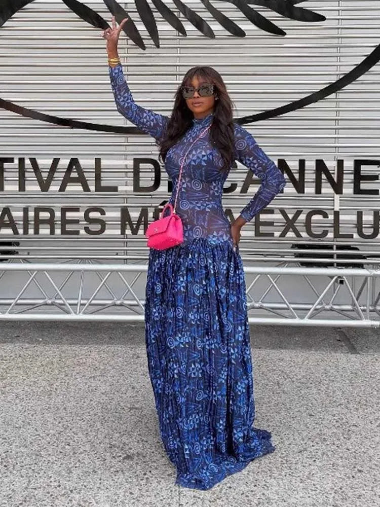 Royal Blue  Mid-turtleneck High Waist Transparent Dress with Sleeves