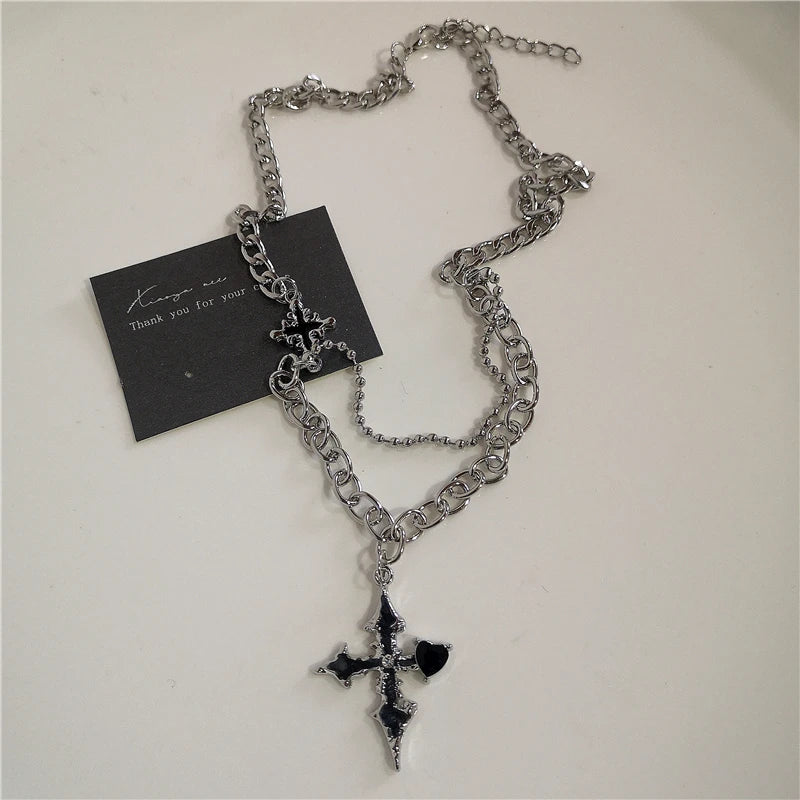 Punk Rock Goth Black Heart Cross Pendant Chain Necklace