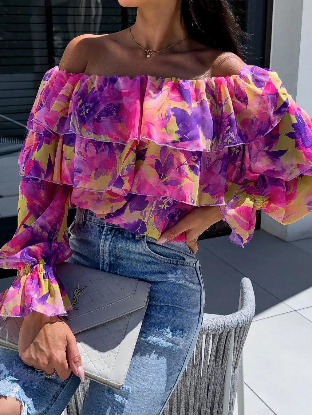 Women's Off Shoulder Floral Print Blouse with Tiered Ruffles