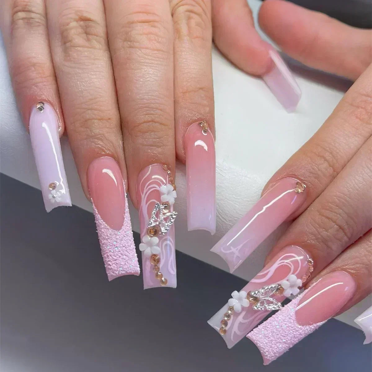 24Pcs Long Coffin Rhinestones Ballet Press on Nails