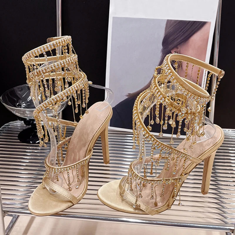 Crystal Tassel Twining Stiletto Sandals
