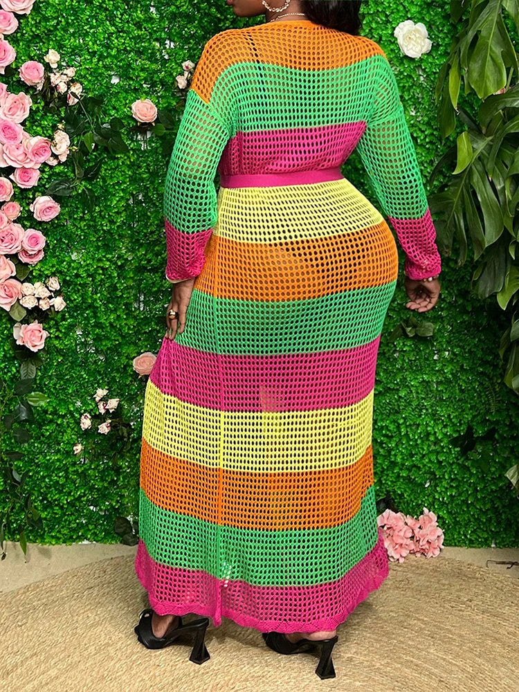 Plus-Size Color-Block Crochet Cardigan Bikini Cover-up