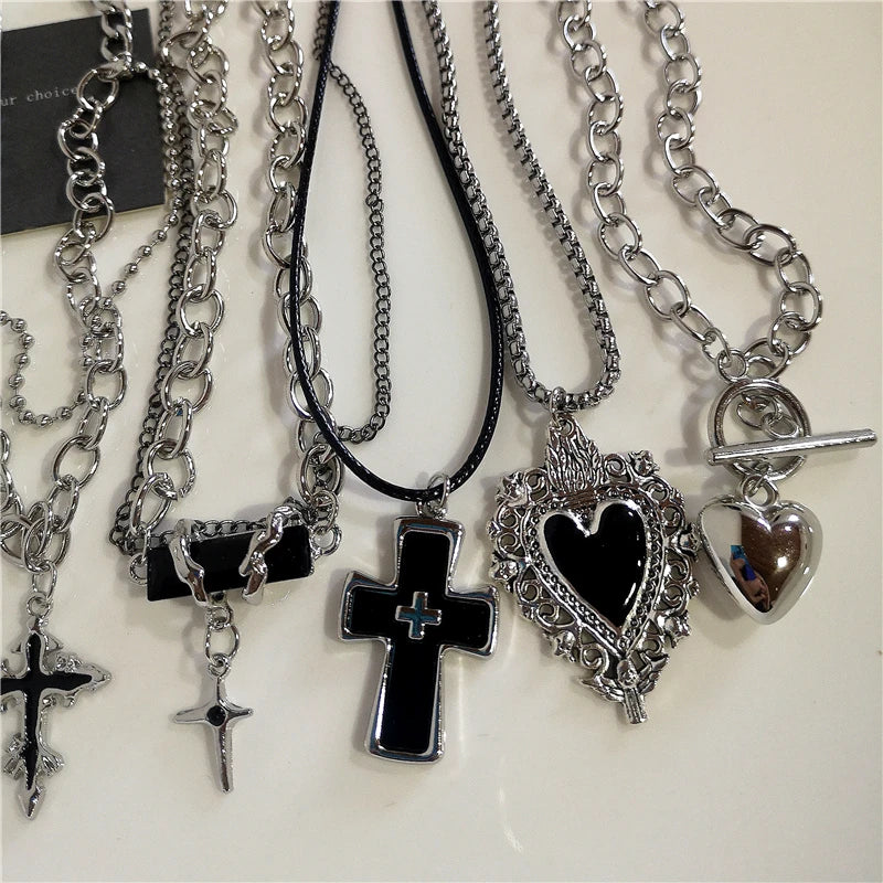 Punk Rock Goth Black Heart Cross Pendant Chain Necklace
