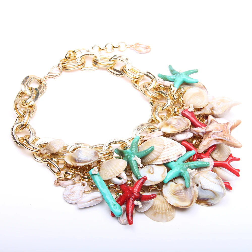 Statement Boho Beads Necklace Starfish&Shells Design