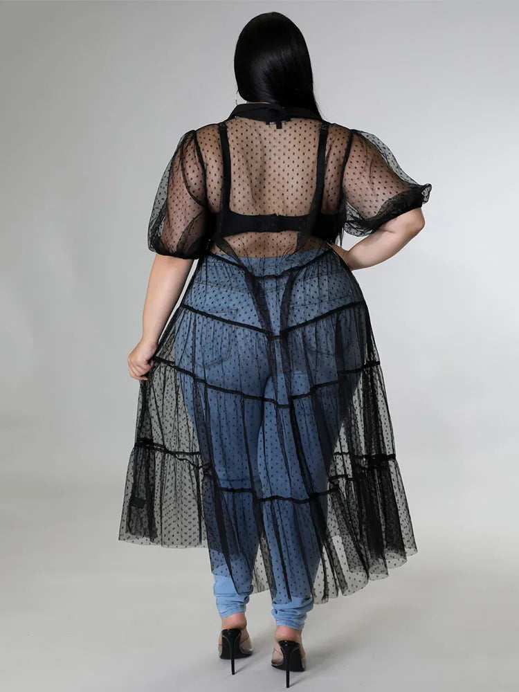 Short Sleeve Summer Mesh Transparent Sexy Black Dress
