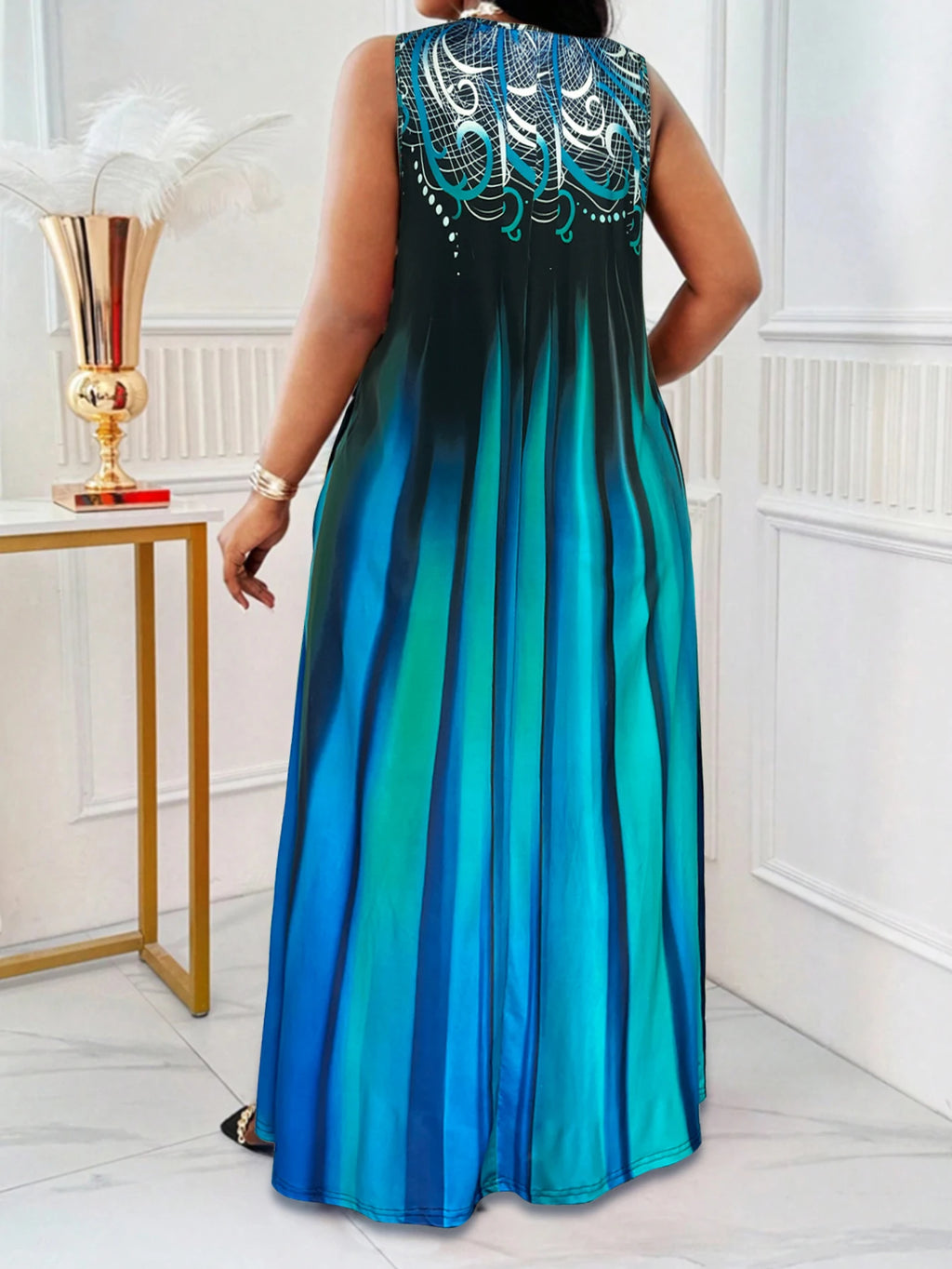 Plus Size Teal Blue Gradient Print Maxi Dress