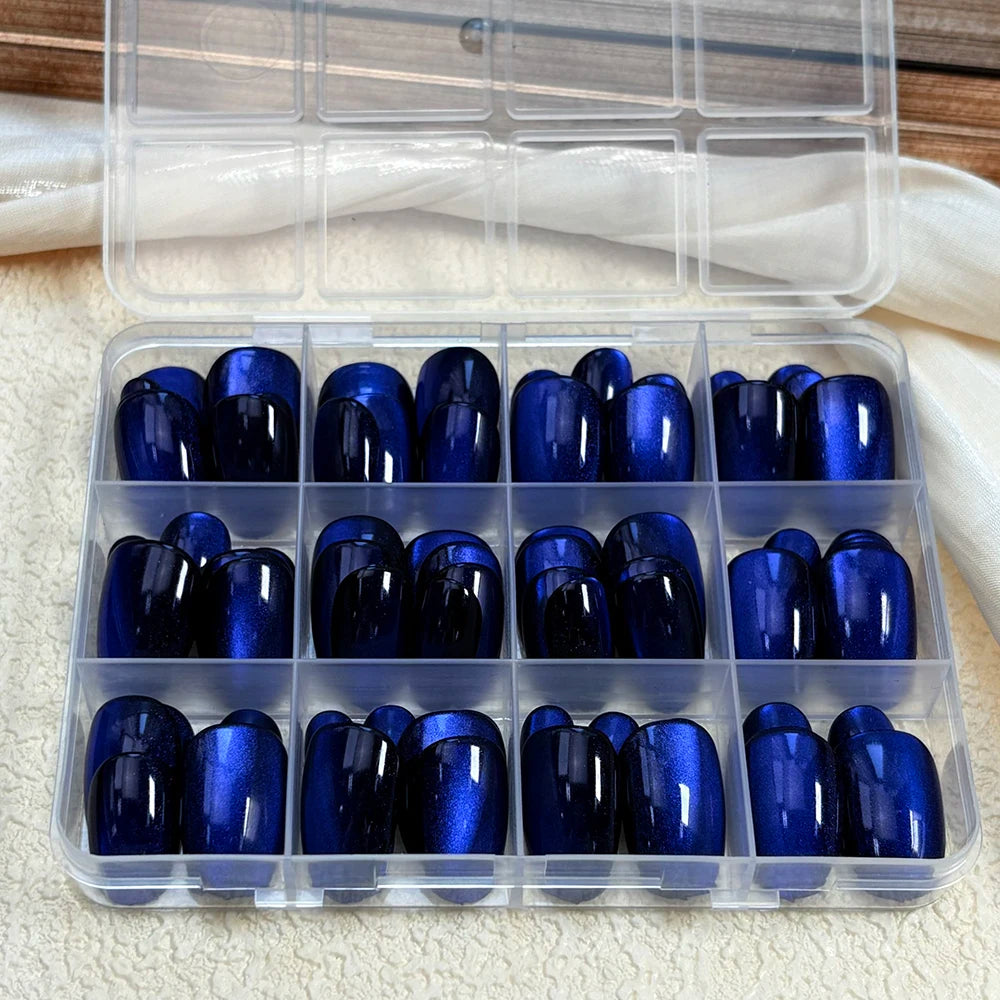 30/144Pcs Glossy Dark Blue Cat Eye Press On Nails