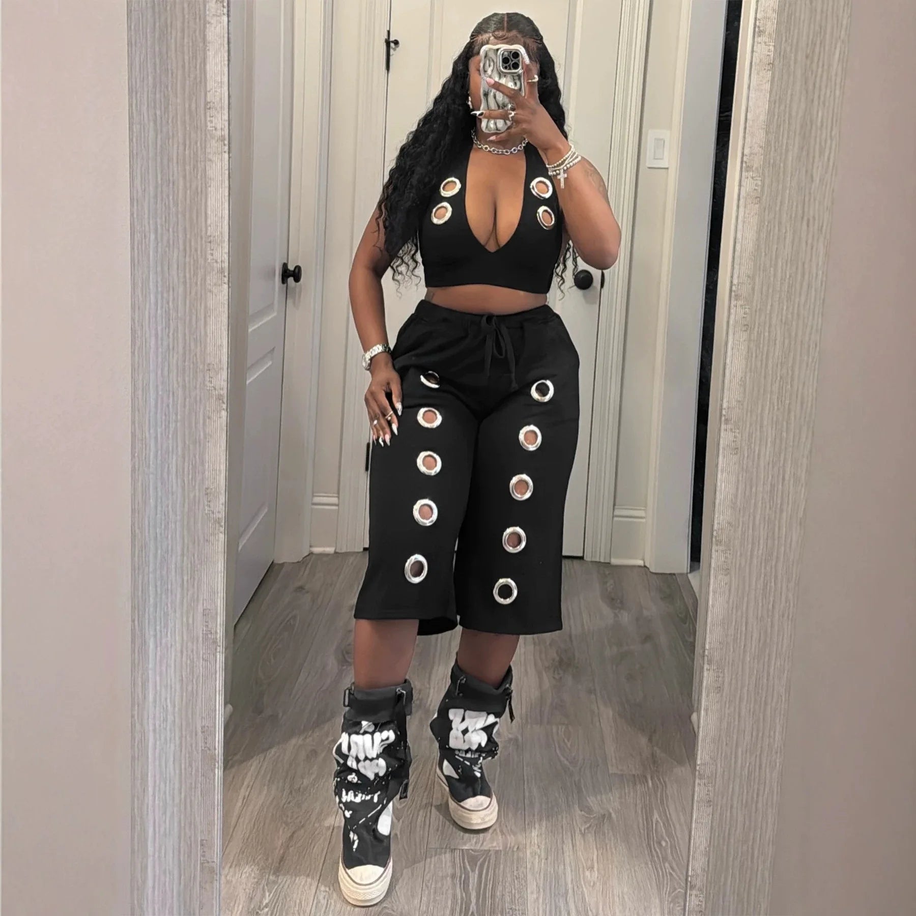 Sexy Backless Crop Top And High Waist Wide Leg Pants