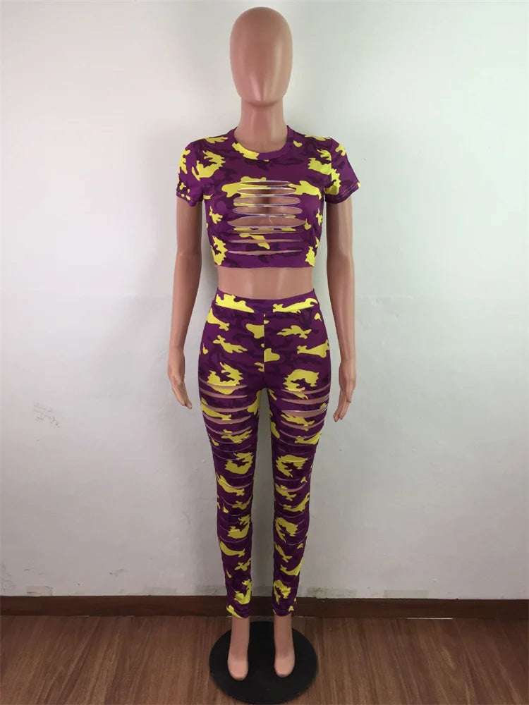 Two Piece Ripped Camouflage Print Pant Sets