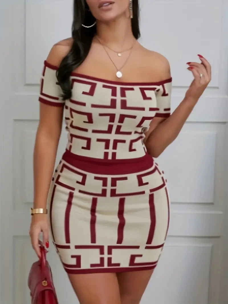 Geometric Print Women's Two Piece Off Shoulder Short Sleeve Top & High Waist Mini Skirt