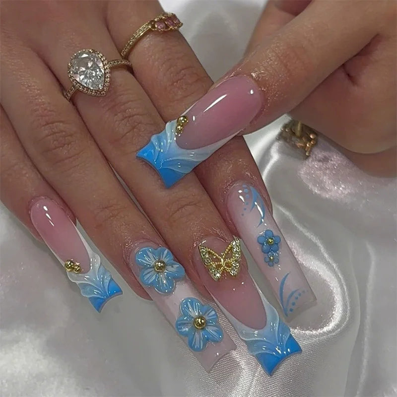 24Pc Long Ballet False Nails Pink Butterfly with Rhinestones French Design