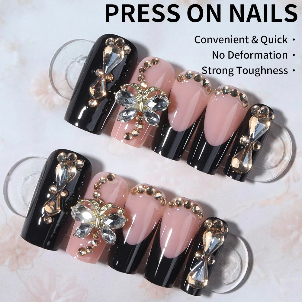 24Pcs Medium Square 3D Alloy Butterfly With Rhinestone Design Black French Tip Press On Nails