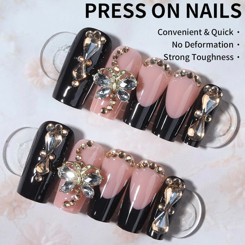 24Pcs Medium Square 3D Alloy Butterfly With Rhinestone Design Black French Tip Press On Nails