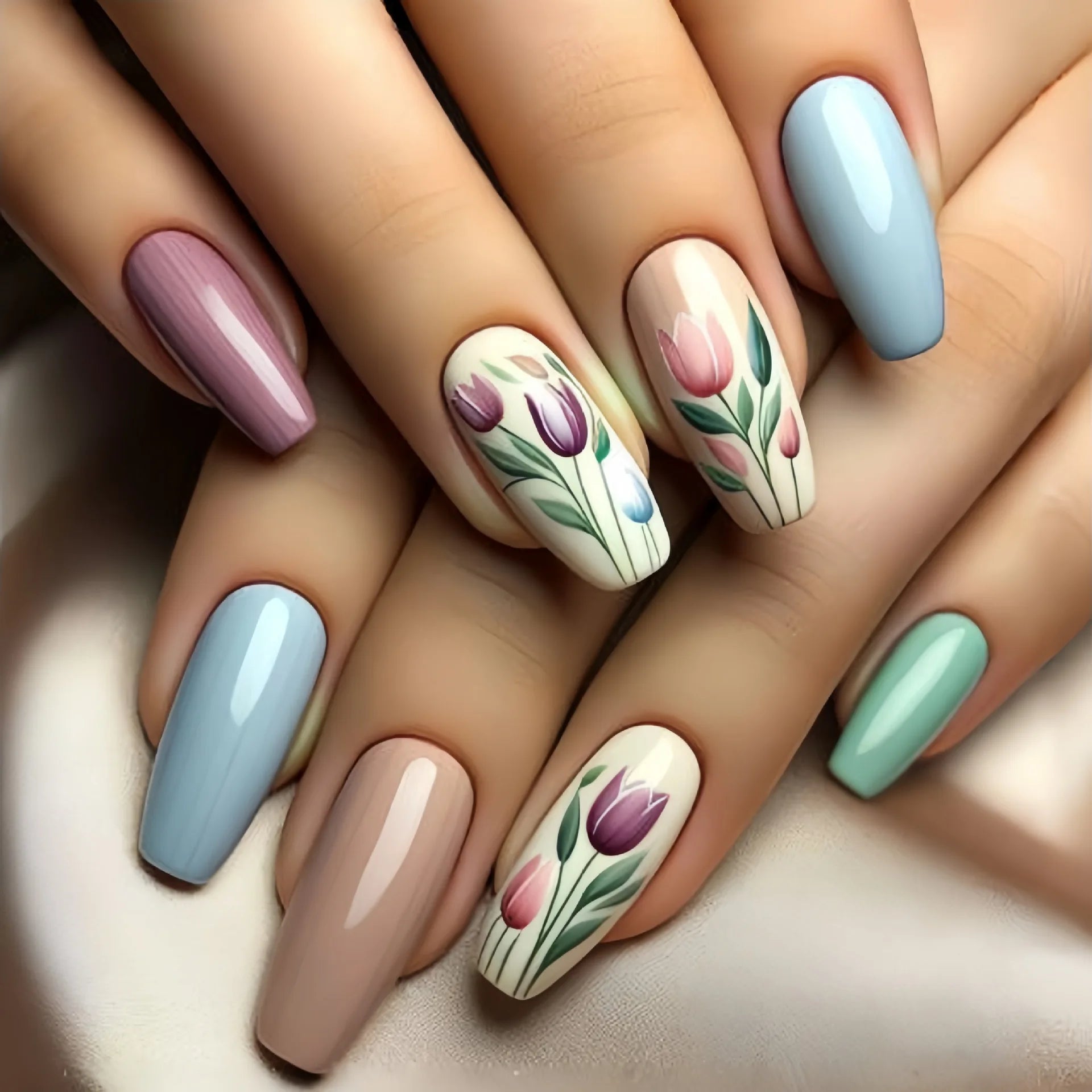 24pc Press on Nails Flower Design Mid-length Ballet