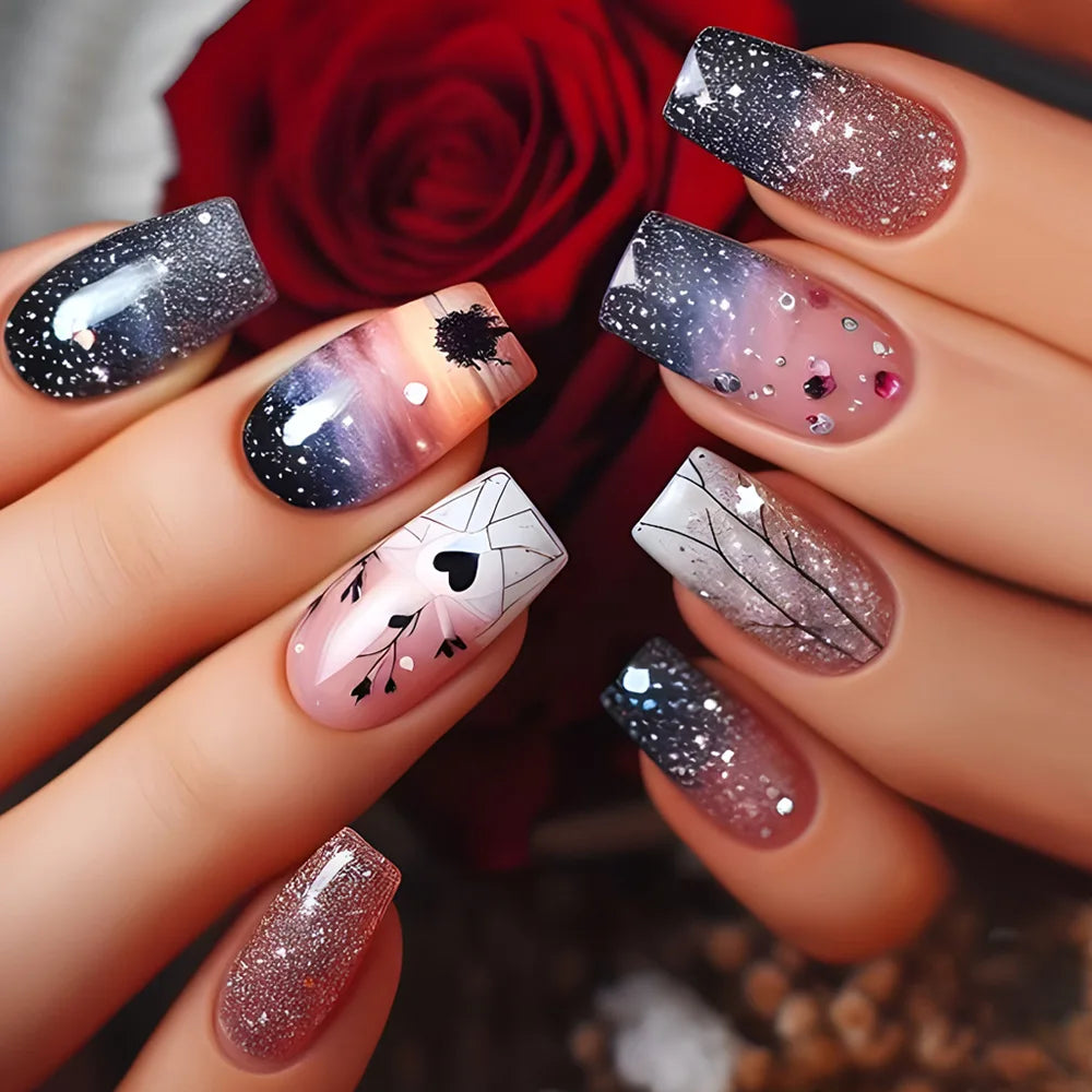 24pc Press on Nails Flower Design Mid-length Ballet
