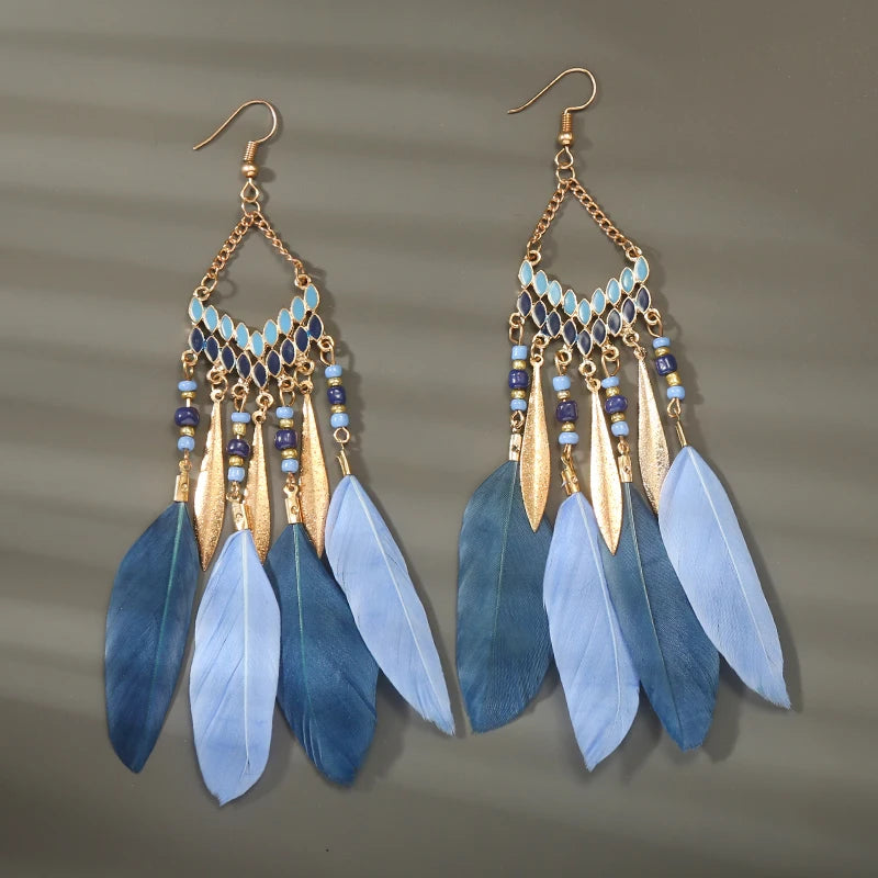 Boho Long Feather Dangle Earrings
