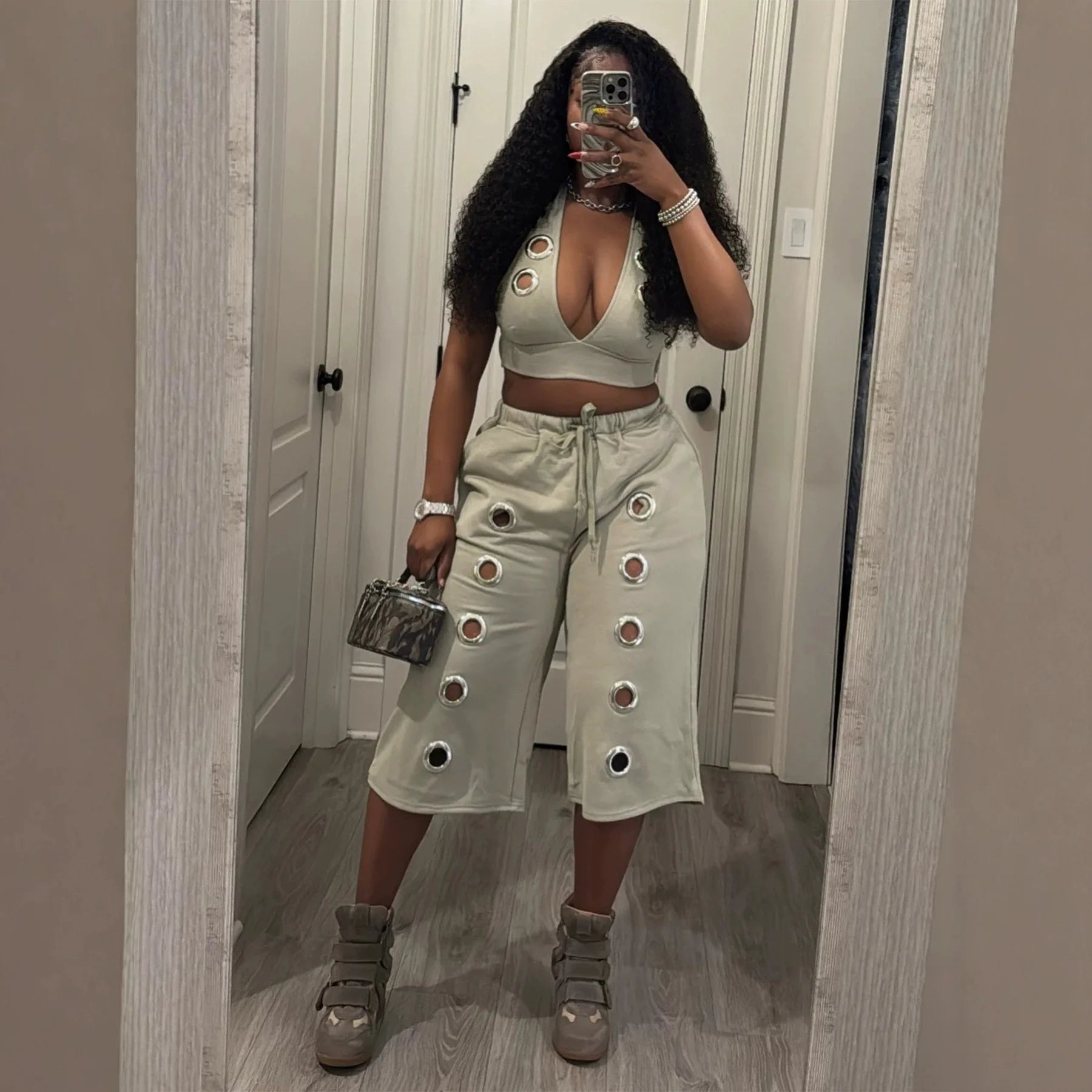 Sexy Backless Crop Top And High Waist Wide Leg Pants