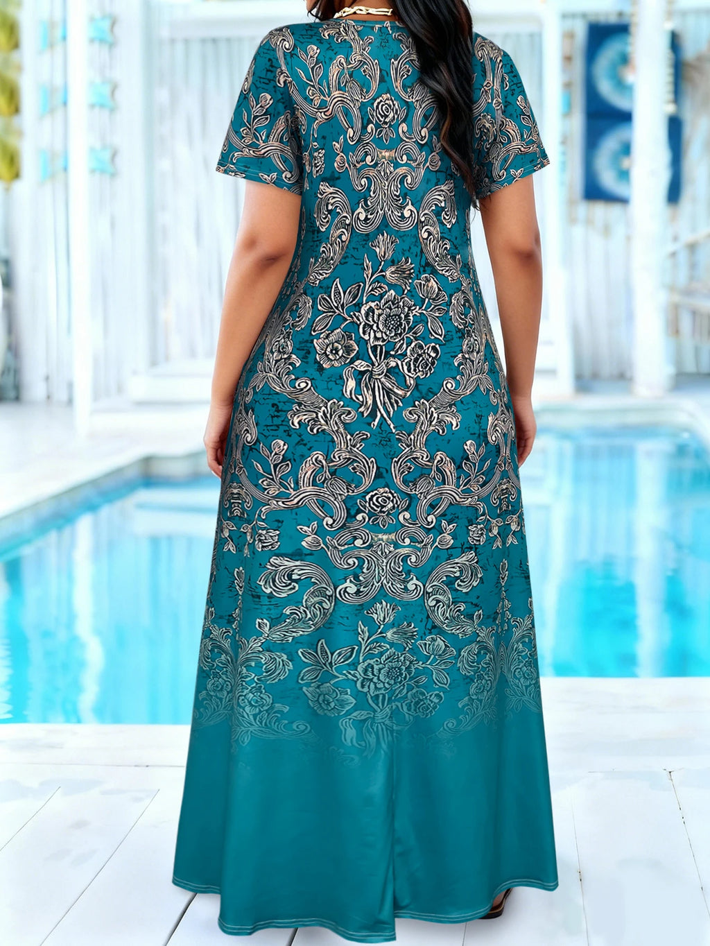 Plus Size Teal Baroque Floral Print Maxi Dress