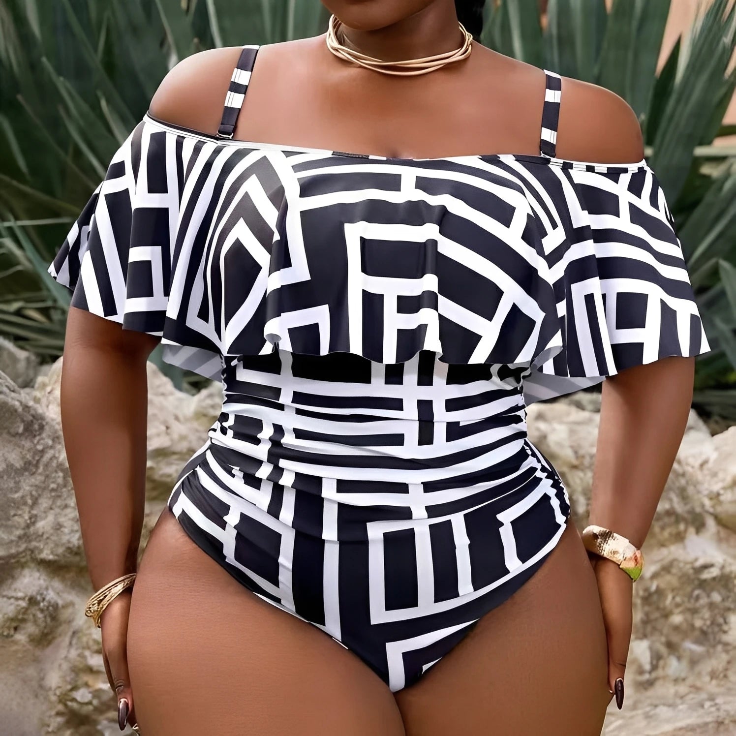 Plus Size One Piece Swimsuit Strappy Printed Ruffle