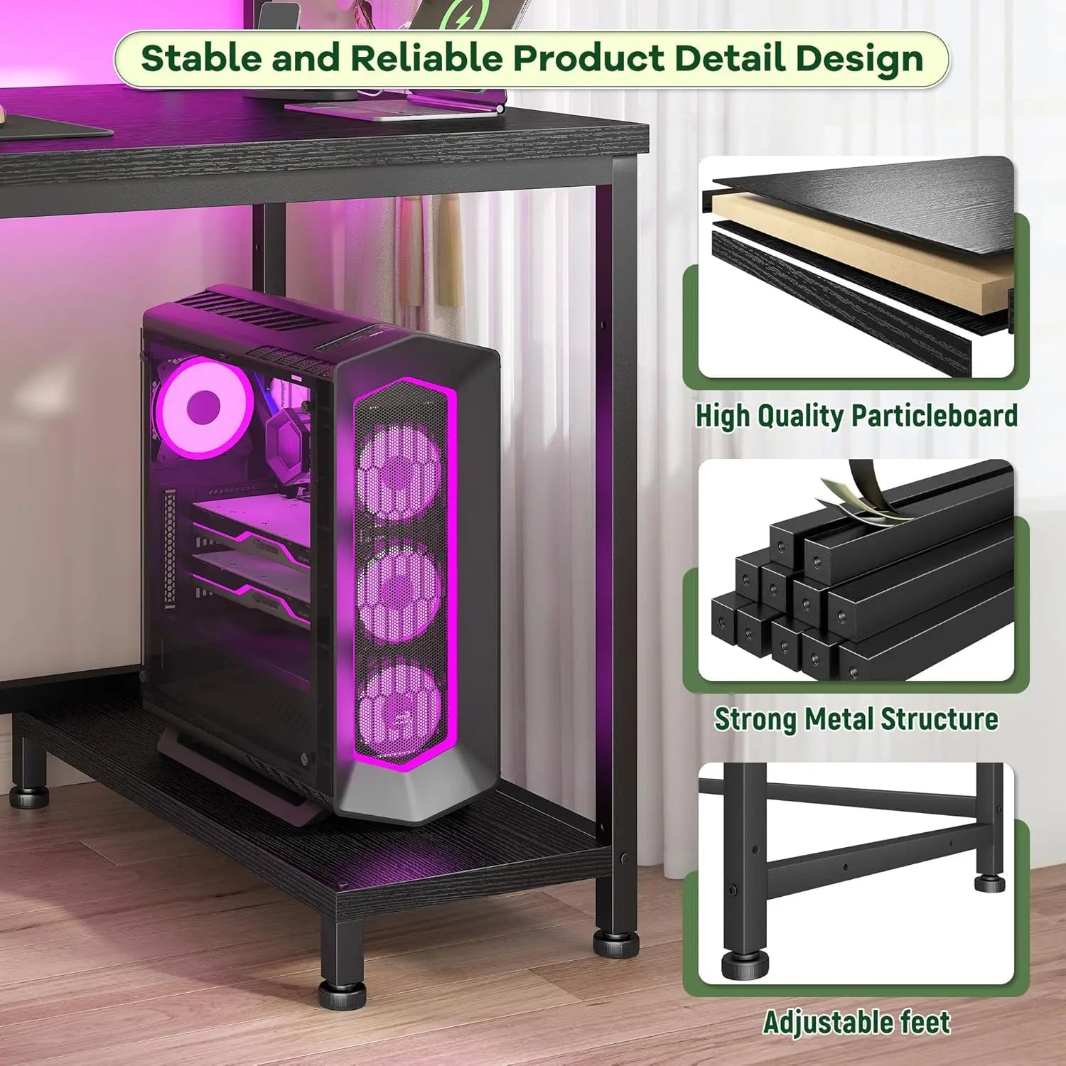 39.3" Gaming Desk with Power Outlet and LED Lights