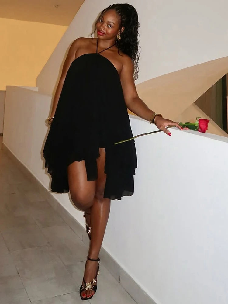 Lace-Up Halter Off Shoulder Backless Irregular Hem Dress