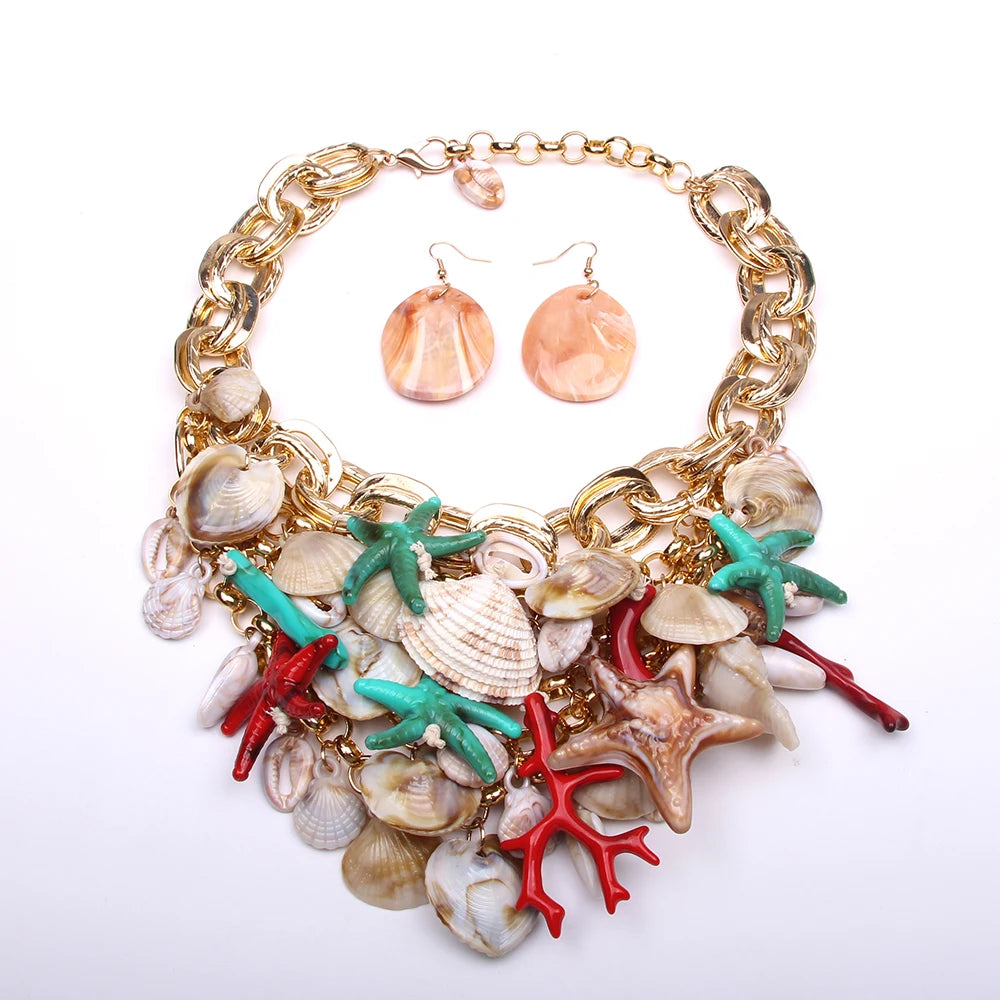 Statement Boho Beads Necklace Starfish&Shells Design