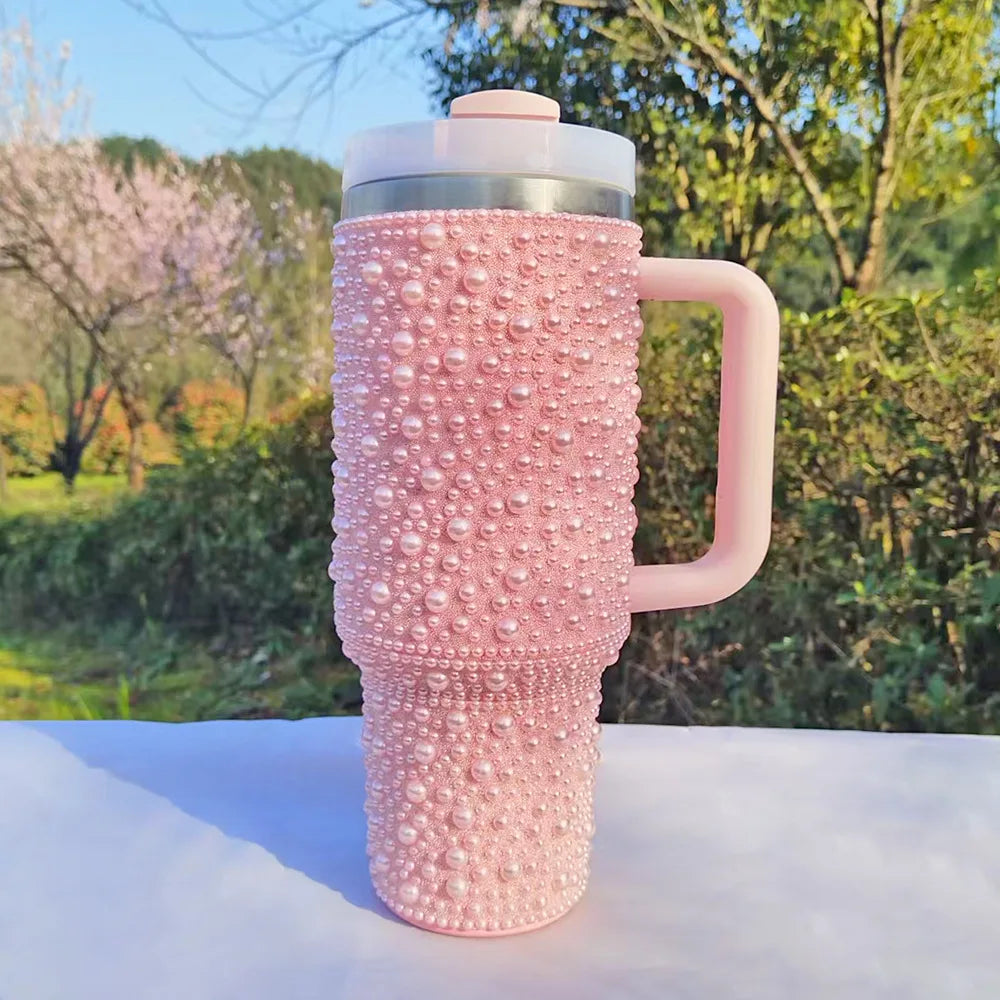 Pearls Bling 40oz Tumbler with Handle and Straw Stainless Steel