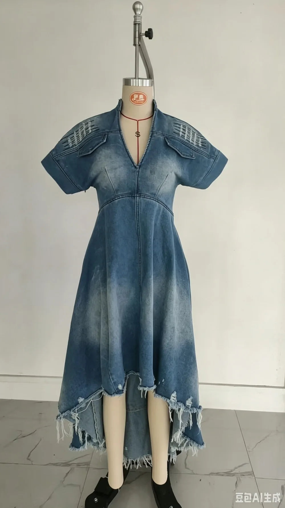 Plus Size Distressed Denim Maxi Dress V-Neck Short Sleeve High Low Hem Ripped Jean Dress