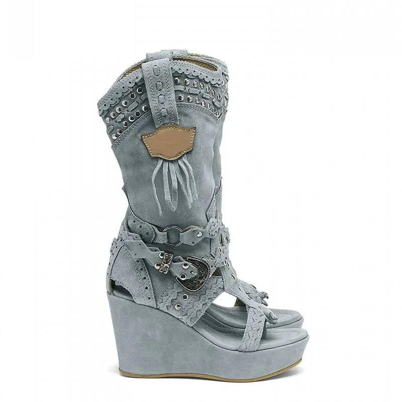 Long Metal Decoration Flocking High Heel Wedge